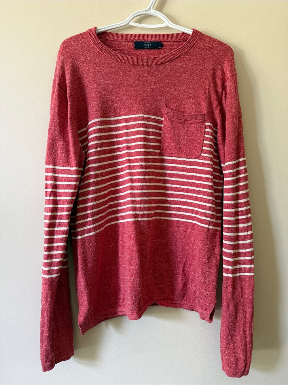 J. Crew Red and White Striped Long-Sleeve Pocket Tee